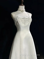 A-Line Spaghetti Strap Beaded Satin Prom Dresses Long White Wedding Dresses Graduation Prom Dresses