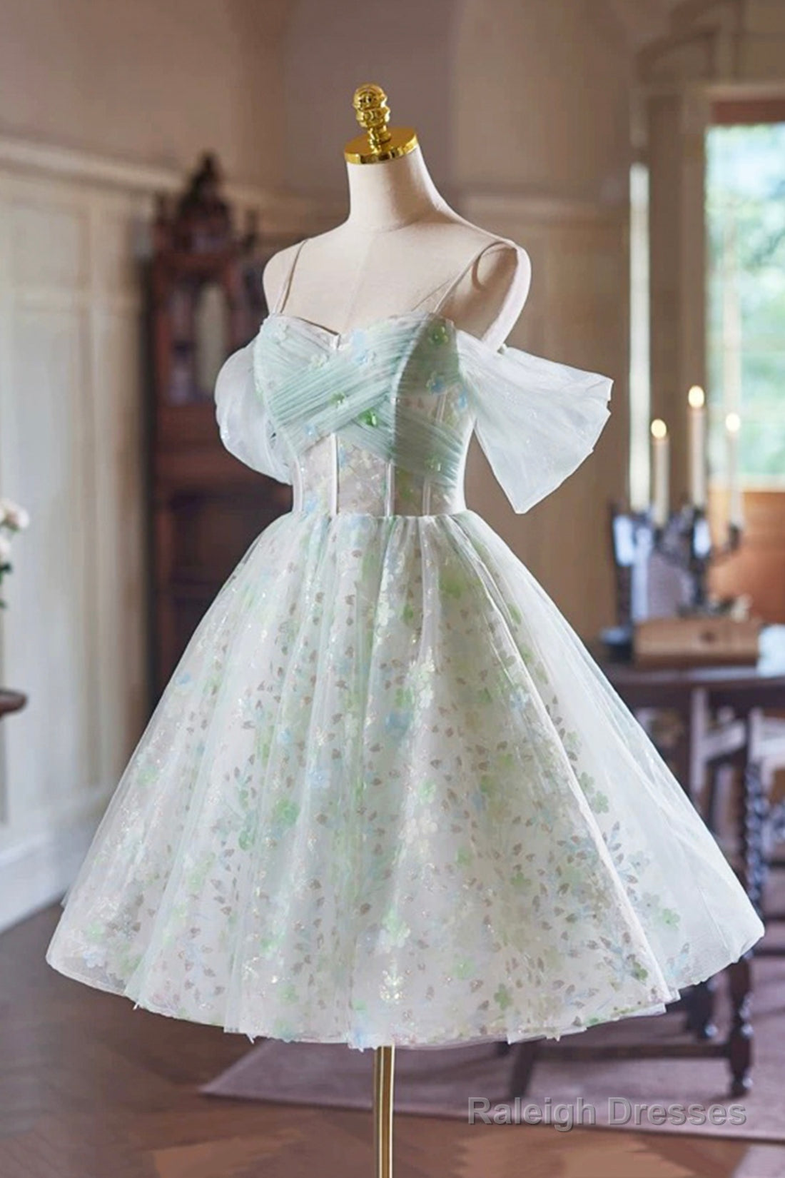 A-Line Spaghetti Strap Knee Length Prom Dress, Green Floral Tulle Party Dress With Corset Secondary image