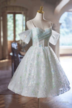 A-Line Spaghetti Strap Knee Length Prom Dress, Green Floral Tulle Party Dress With Corset