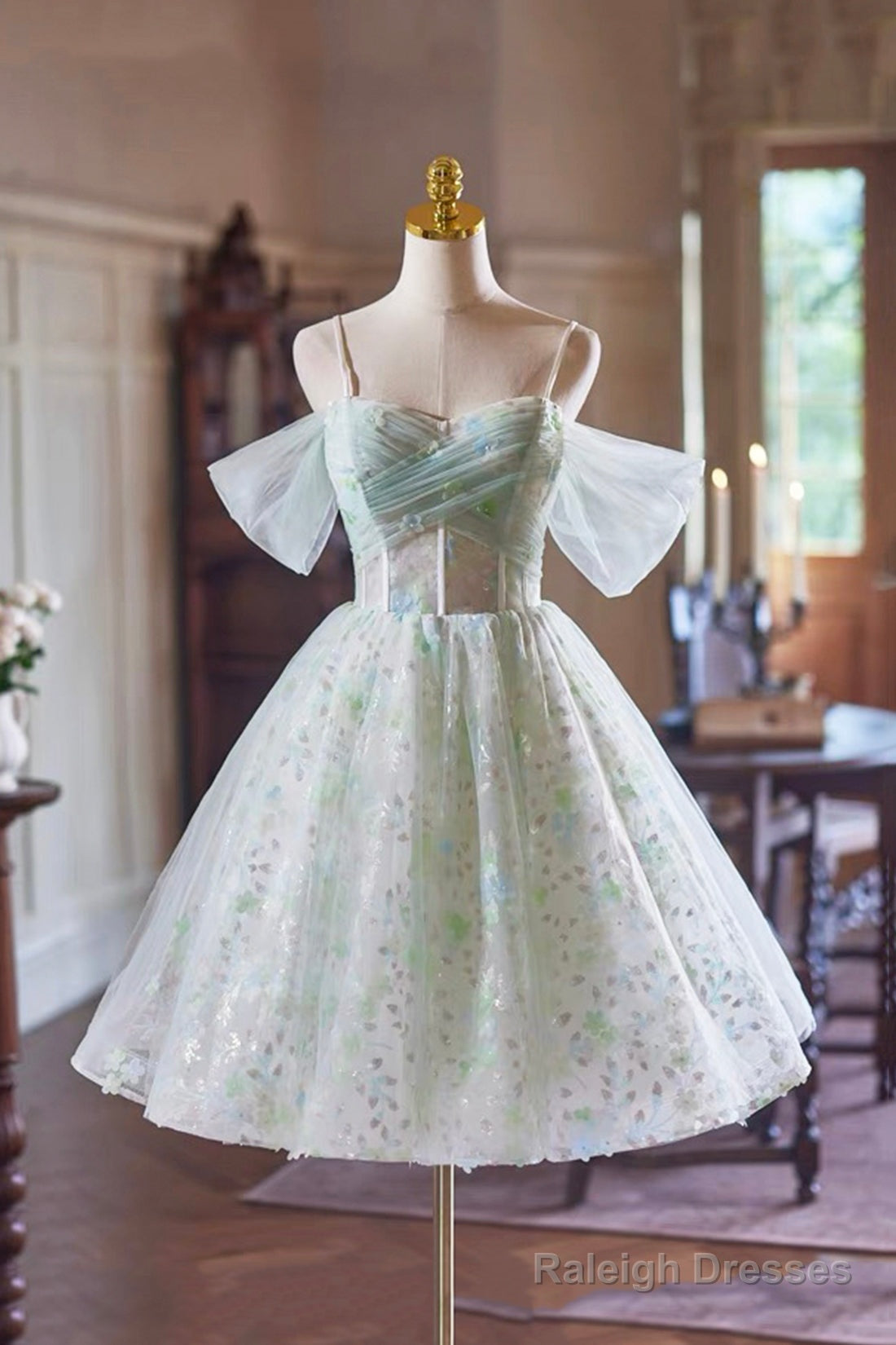 A-Line Spaghetti Strap Knee Length Prom Dress, Green Floral Tulle Party Dress With Corset Main image