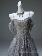 A-Line Spaghetti Strap Mesh Sequin Prom Dresses Long Graduation Prom Adult Ceremony Dresses