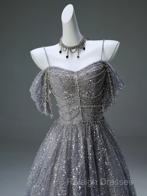 A-Line Spaghetti Strap Mesh Sequin Prom Dresses Long Graduation Prom Adult Ceremony Dresses