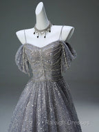 A-Line Spaghetti Strap Mesh Sequin Prom Dresses Long Graduation Prom Adult Ceremony Dresses