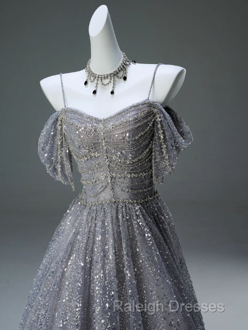 A-Line Spaghetti Strap Mesh Sequin Prom Dresses Long Graduation Prom Adult Ceremony Dresses