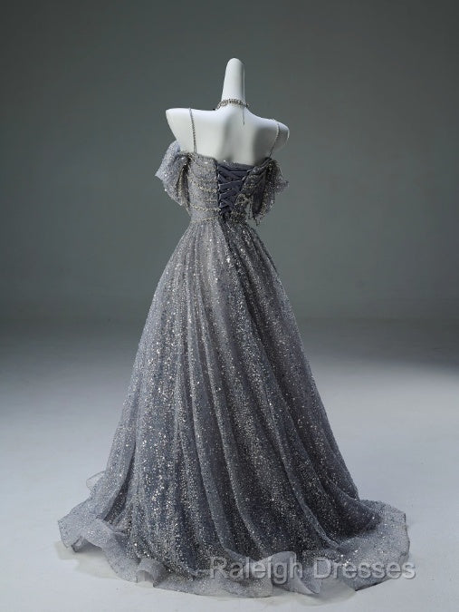 A-Line Spaghetti Strap Mesh Sequin Prom Dresses Long Graduation Prom Adult Ceremony Dresses