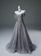 A-Line Spaghetti Strap Mesh Sequin Prom Dresses Long Graduation Prom Adult Ceremony Dresses
