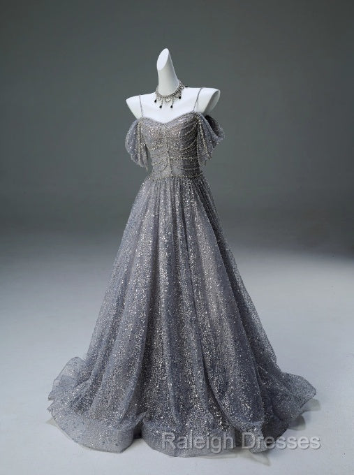 A-Line Spaghetti Strap Mesh Sequin Prom Dresses Long Graduation Prom Adult Ceremony Dresses