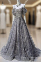 A-Line Spaghetti Strap Mesh Sequin Prom Dresses Long Graduation Prom Adult Ceremony Dresses