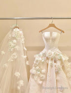 A-Line Spaghetti Strap Satin Long Prom Dress, Beautiful Applique Wedding Dress