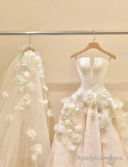 A-Line Spaghetti Strap Satin Long Prom Dresses Beautiful Applique Wedding Dresses