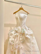 A-Line Spaghetti Strap Satin Long Prom Dresses Beautiful Applique Wedding Dresses