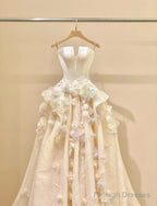 A-Line Spaghetti Strap Satin Long Prom Dress, Beautiful Applique Wedding Dress