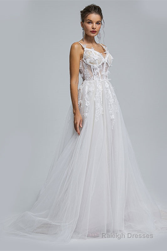 A-Line Spaghetti Strap Sweetheart Tulle Applique Floor-Length Sleeveless Wedding Dresses Secondary image