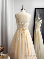 A Line Spaghetti Straps Appliques Lace Floor Length Tulle Dress