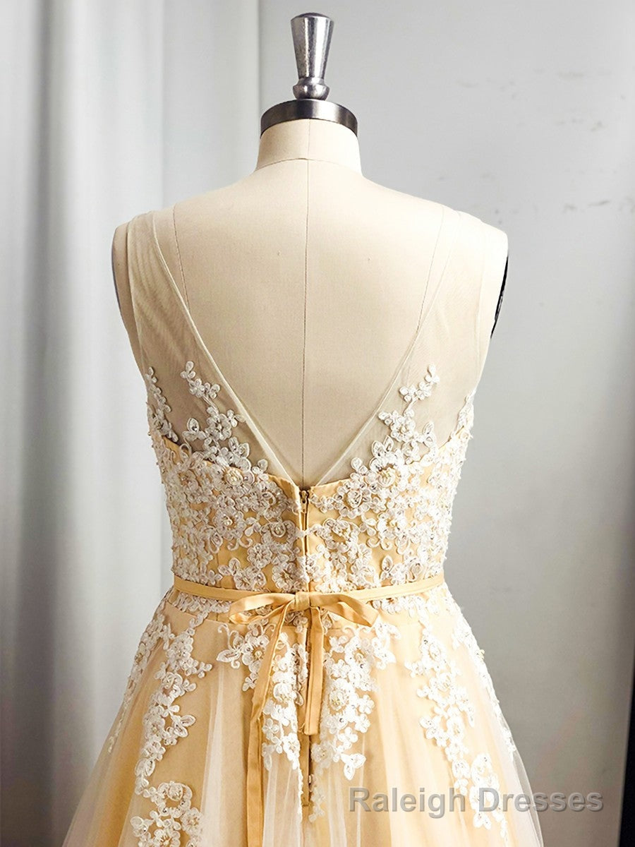 A Line Spaghetti Straps Appliques Lace Floor Length Tulle Dress