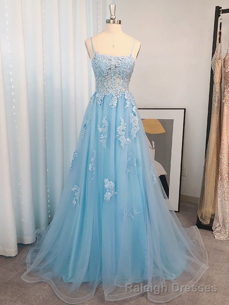A-line Spaghetti Straps Appliques Lace Sweep Train Tulle Dress Main image