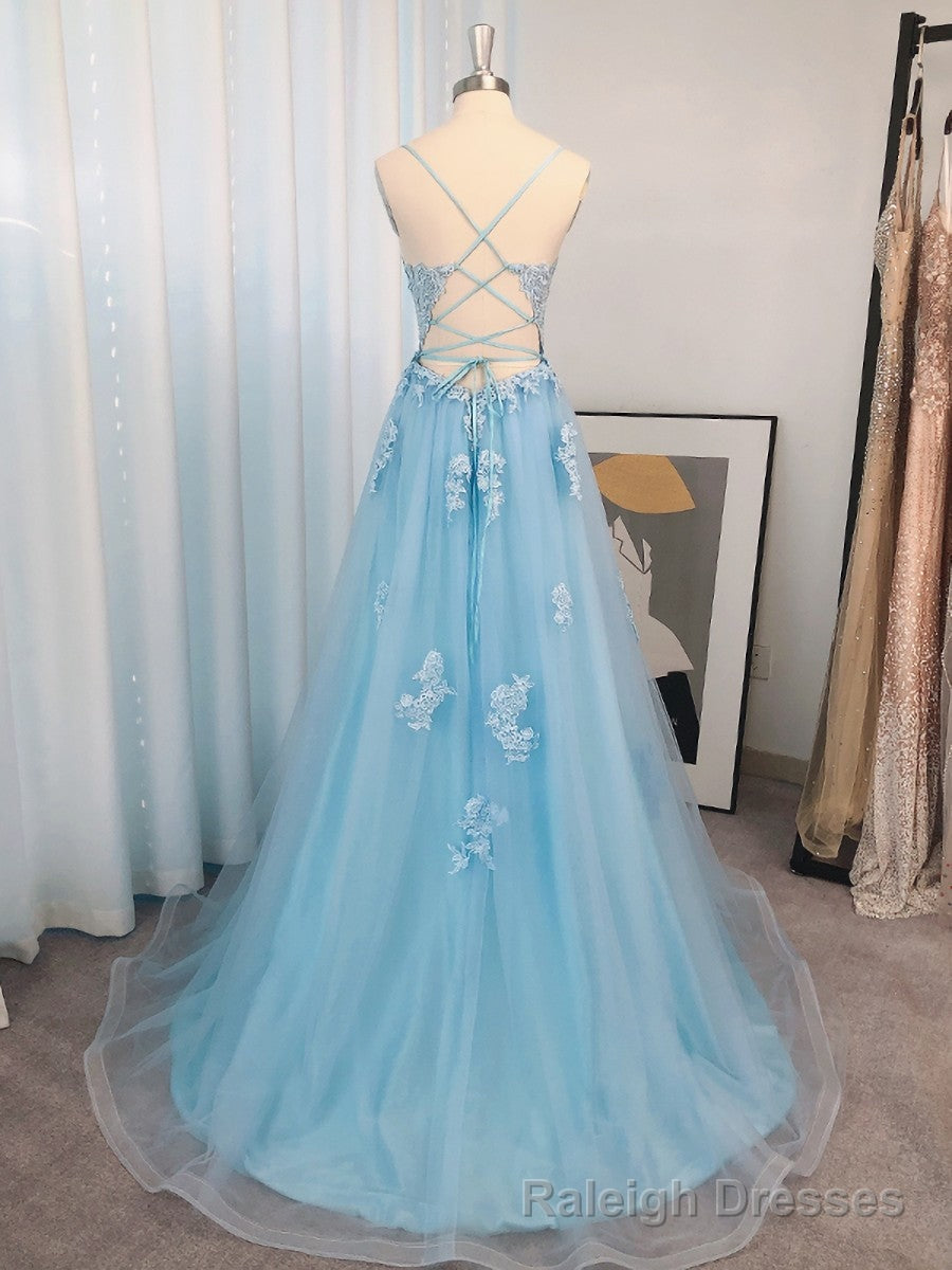A-line Spaghetti Straps Appliques Lace Sweep Train Tulle Dress Secondary image