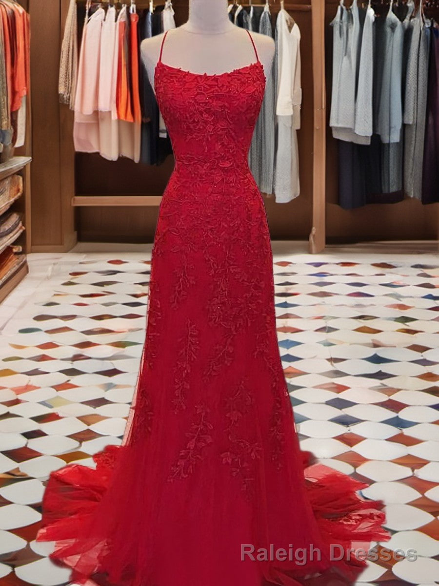 A-line Spaghetti Straps Appliques Lace Sweep Train Tulle Dress Main image