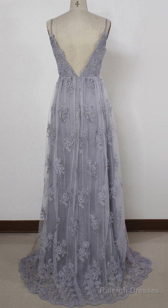 A Line Spaghetti Straps Backless Gray Lace Prom Dresses, Gray Backless Formal Dresses, Backless Lace Evening Dresses Secondary image
