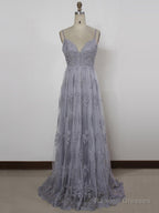 A Line Spaghetti Straps Backless Gray Lace Prom Dresses, Gray Backless Formal Dresses, Backless Lace Evening Dresses