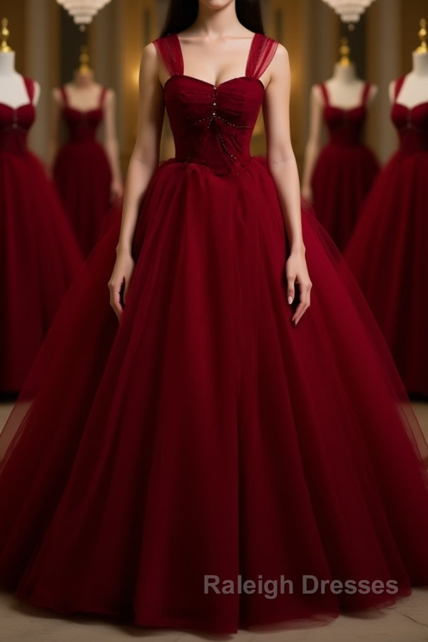 A Line Spaghetti Straps Beaded Burgundy Tulle Long Prom Dresses, Long Burgundy Formal Evening Dresses