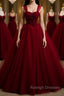 A Line Spaghetti Straps Beaded Burgundy Tulle Long Prom Dresses, Long Burgundy Formal Evening Dresses