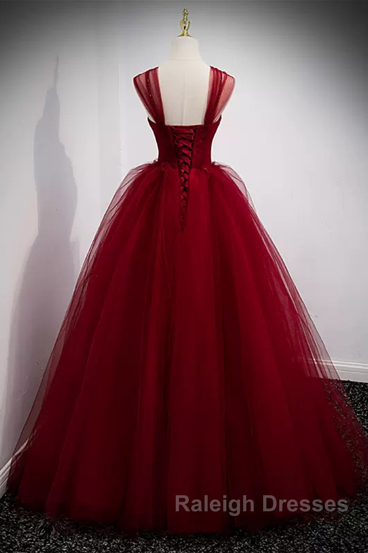 A Line Spaghetti Straps Beaded Burgundy Tulle Long Prom Dresses, Long Burgundy Formal Evening Dresses Secondary image