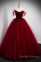 A Line Spaghetti Straps Beaded Burgundy Tulle Long Prom Dresses, Long Burgundy Formal Evening Dresses