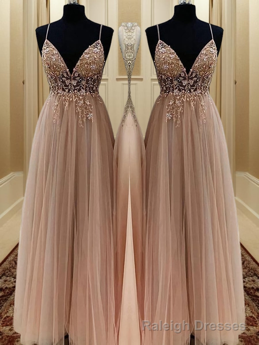 A-line Spaghetti Straps Beading Floor-Length Tulle Dress