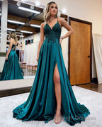 A Line Spaghetti Straps Corset Back Prom Dress With Split