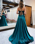 A Line Spaghetti Straps Corset Back Prom Dress With Split