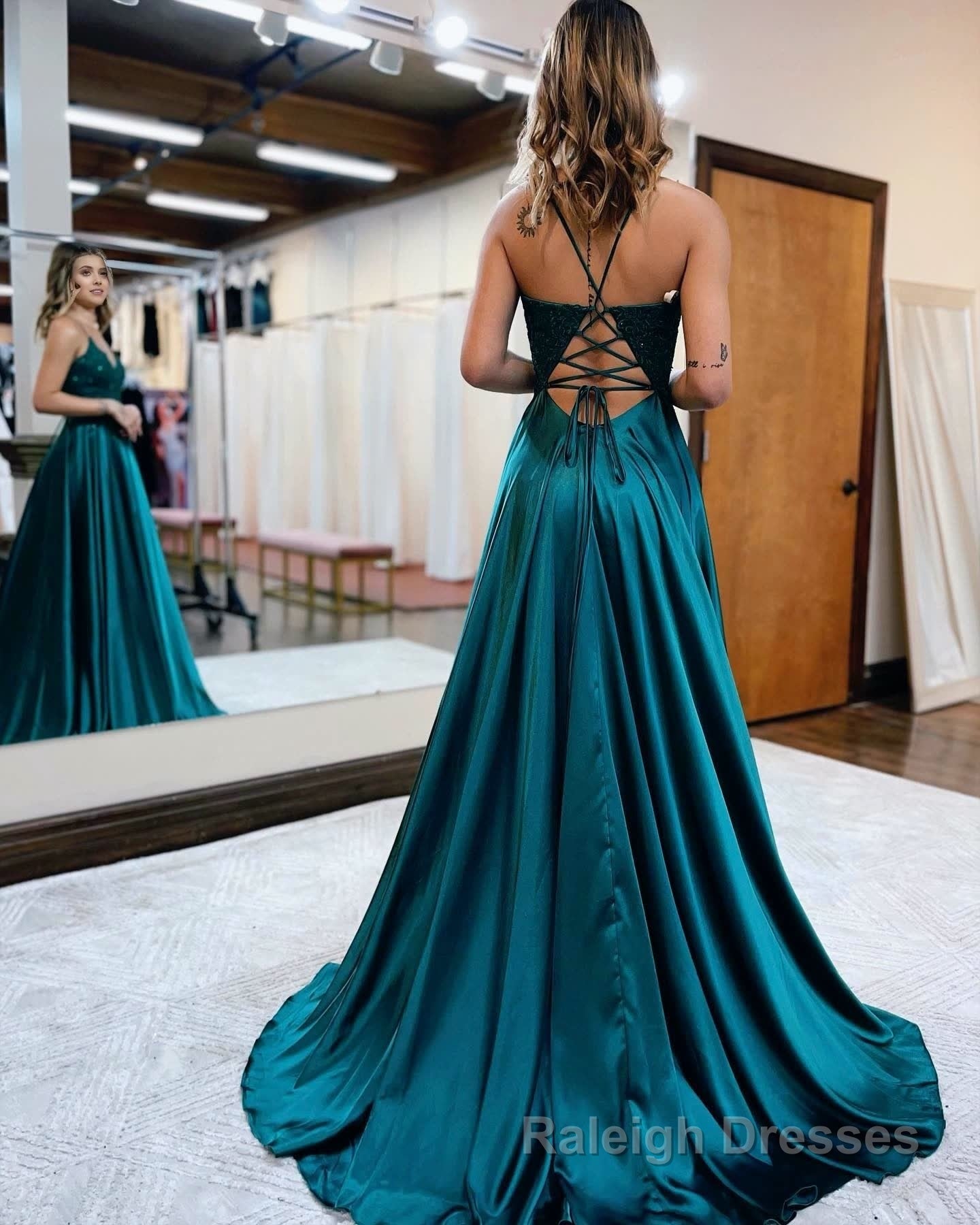 A Line Spaghetti Straps Corset Back Prom Dress With Split