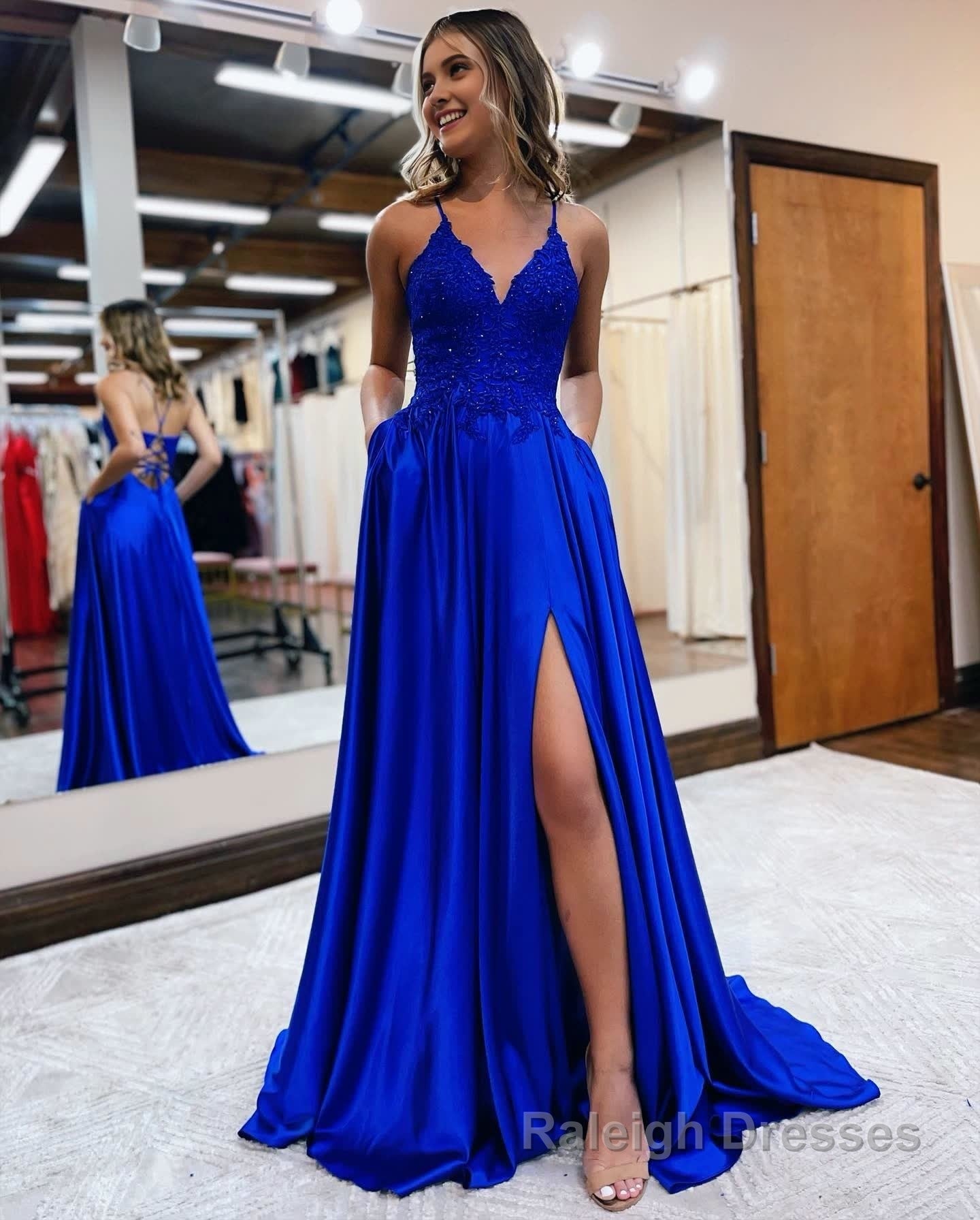 A Line Spaghetti Straps Corset Back Prom Dress With Split