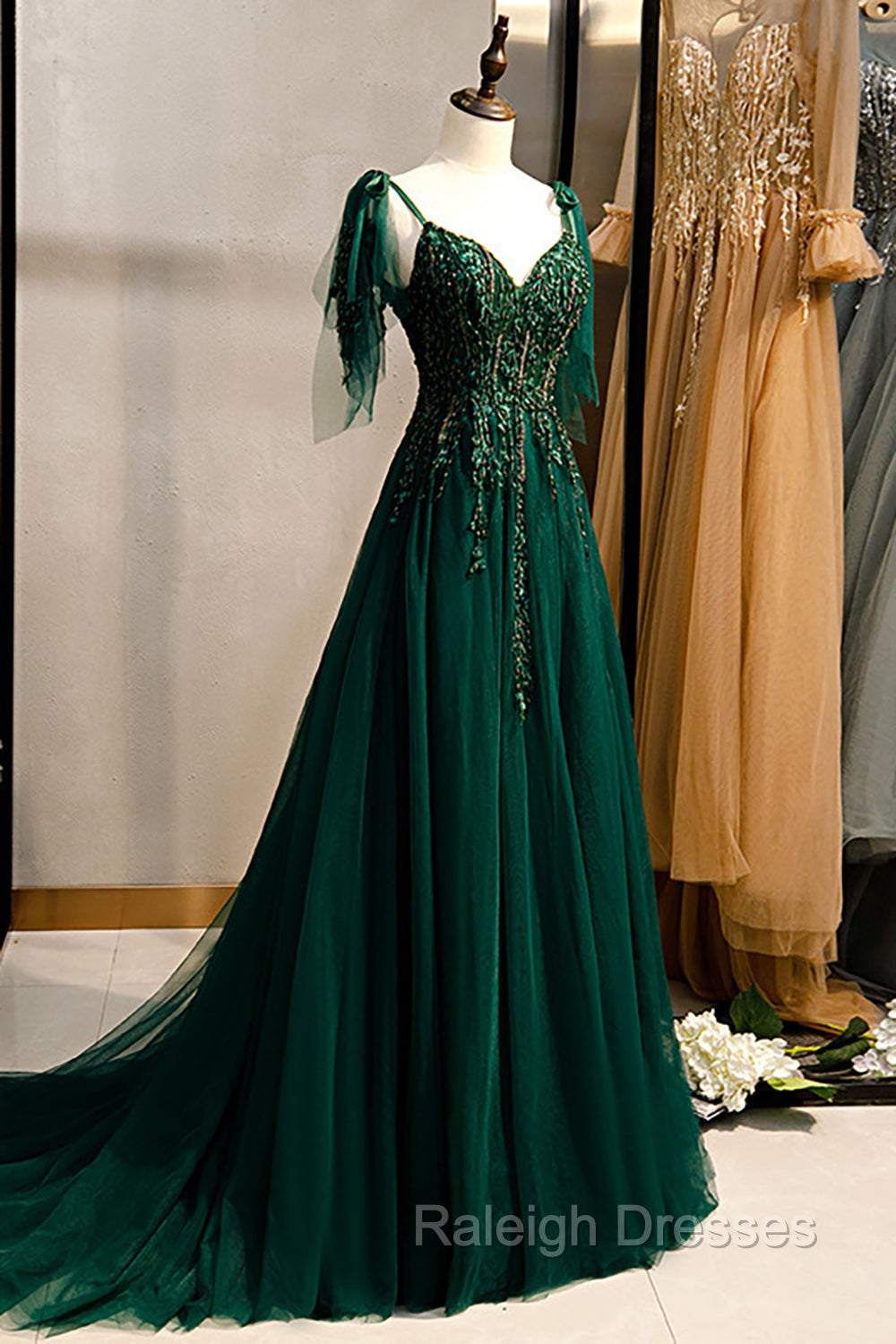 A Line Spaghetti Straps Dark Green Prom Dress with Beading Secondary image