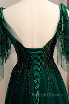 A Line Spaghetti Straps Dark Green Prom Dress with Beading