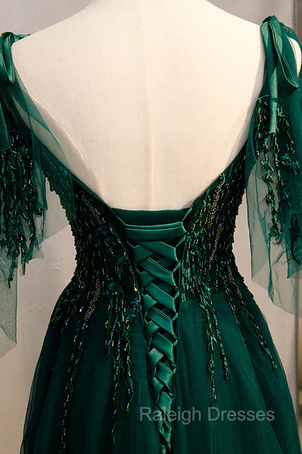 A Line Spaghetti Straps Dark Green Prom Dress with Beading
