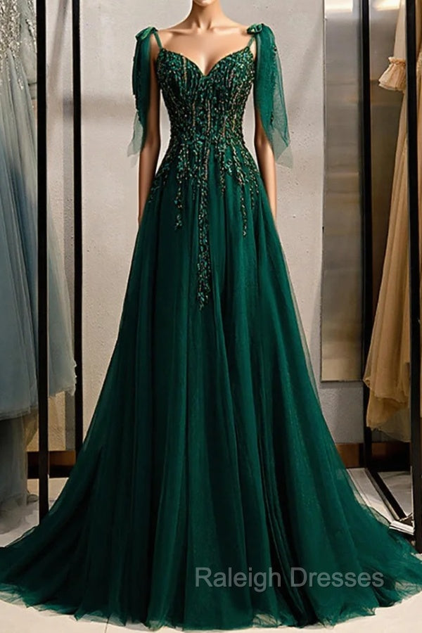 A-Line Spaghetti Straps Dark Green Prom Dress with Beading Main image