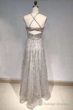 A Line Spaghetti Straps/Halter Shiny Dresses With Criss-Cross Back