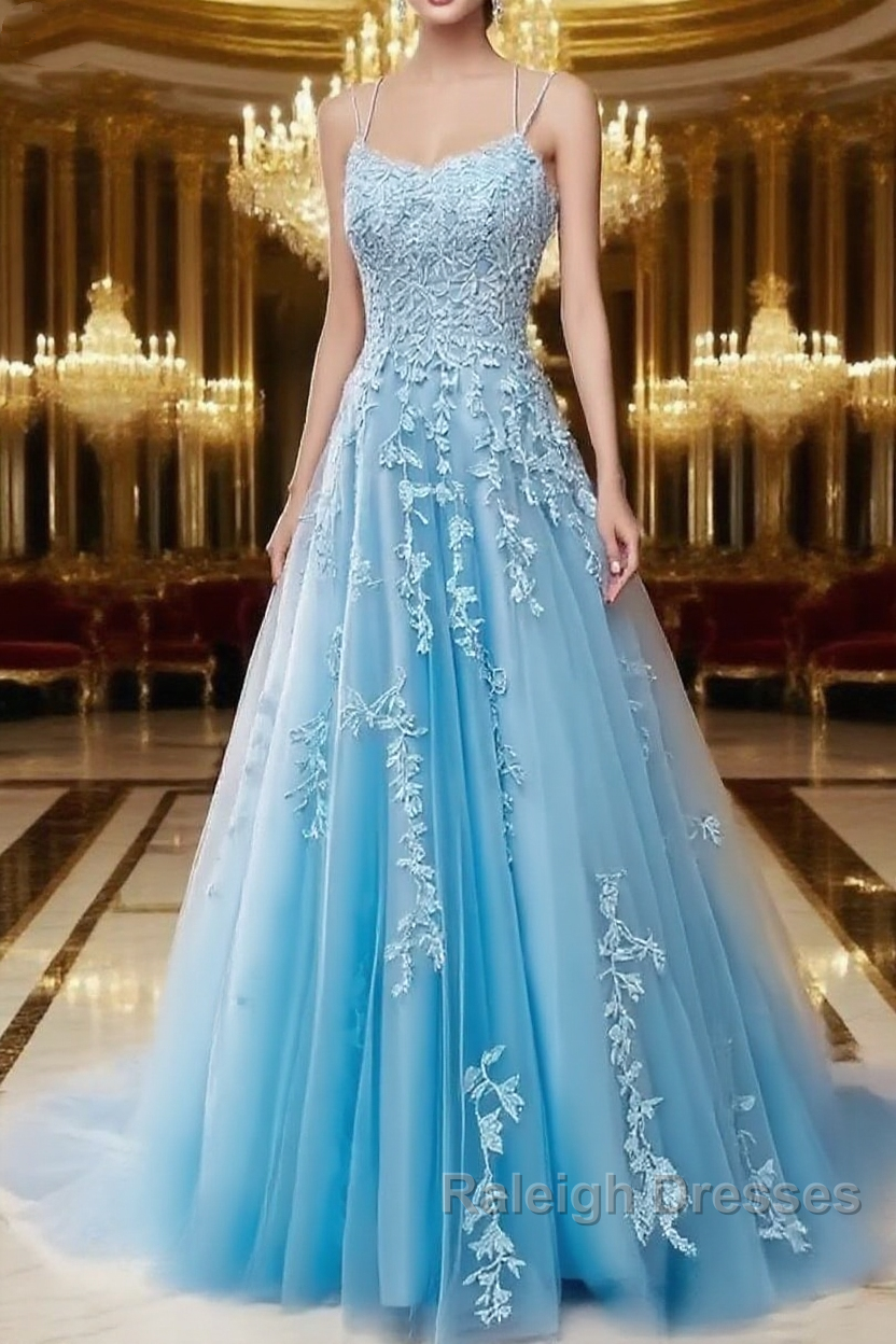 A Line Spaghetti Straps Lace Aqua Prom Dresses Long With Appliques Pretty Dresses Main image