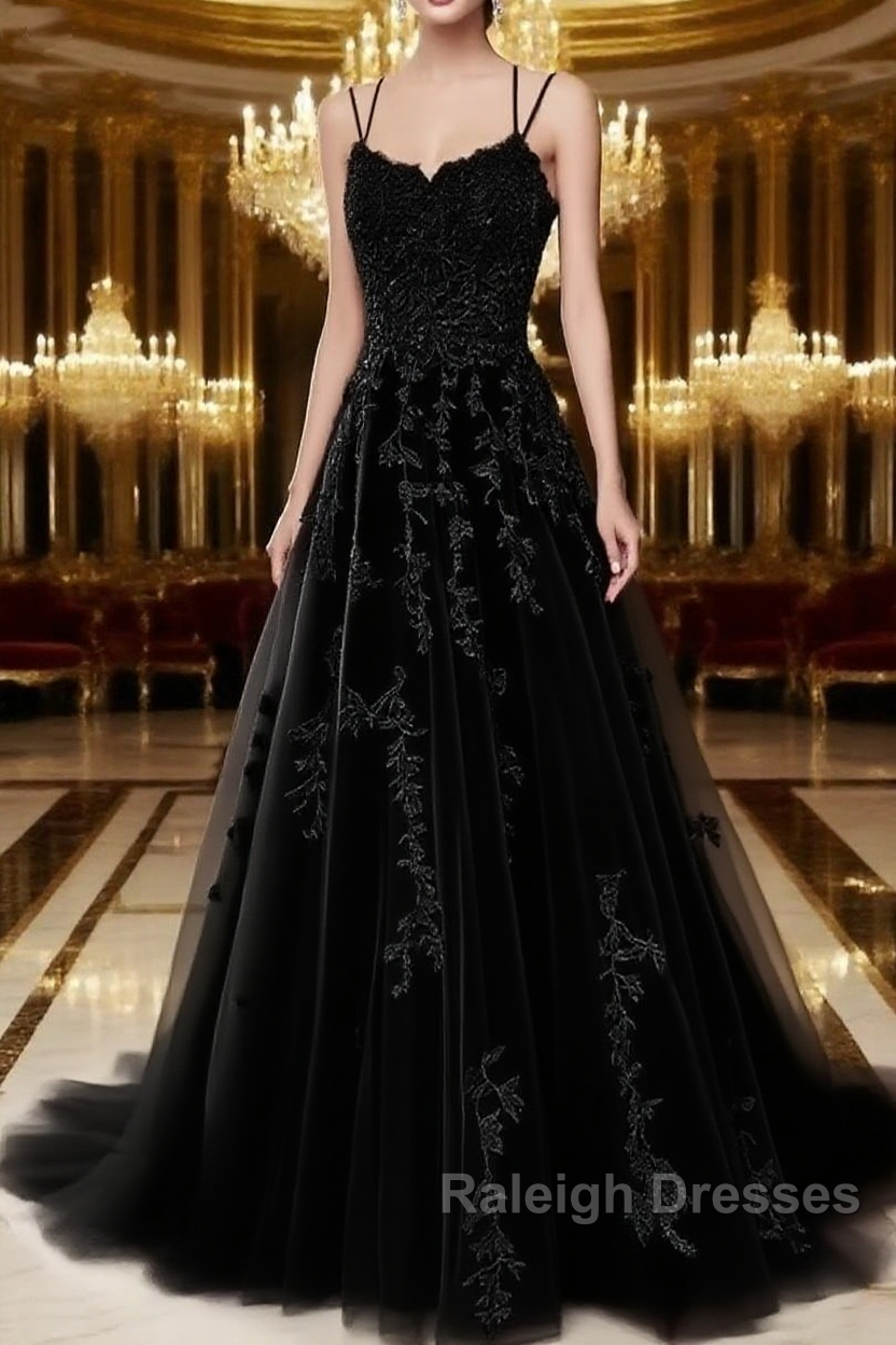 A Line Spaghetti Straps Lace Black Prom Dresses Long With Appliques Pretty Dresses