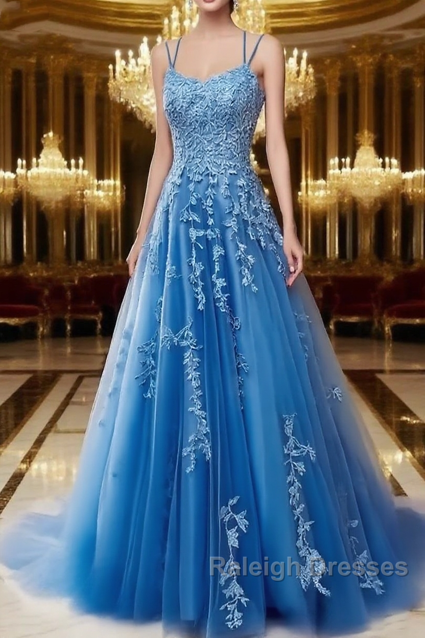 A Line Spaghetti Straps Lace Blue Prom Dresses Long With Appliques Pretty Dresses Main image