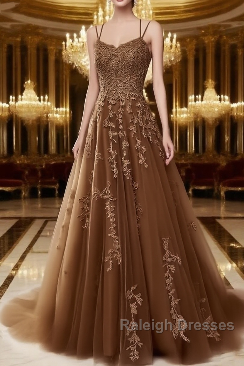 A Line Spaghetti Straps Lace Brown Prom Dresses Long With Appliques Pretty Dresses