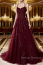 A-Line Spaghetti Straps Lace Burgundy Prom Dress Long With Appliques Pretty Dress