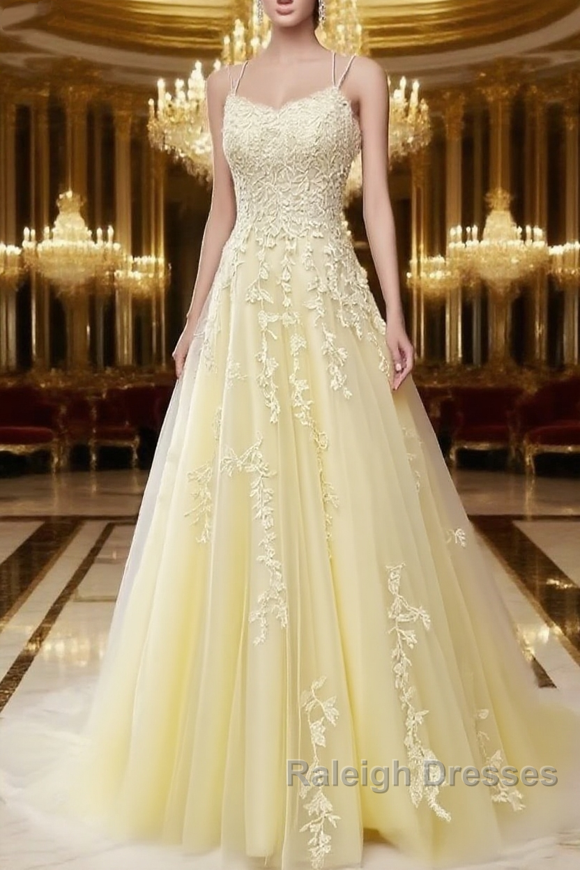 A-Line Spaghetti Straps Lace Butter Yellow Prom Dress Long With Appliques Pretty Dress Main image