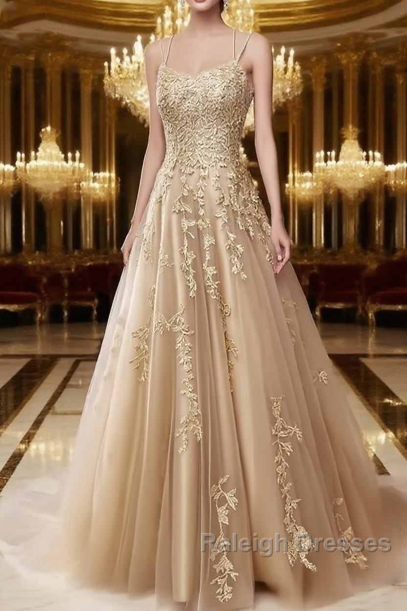 A Line Spaghetti Straps Lace Champagne Gold Prom Dresses Long With Appliques Pretty Dresses Main image