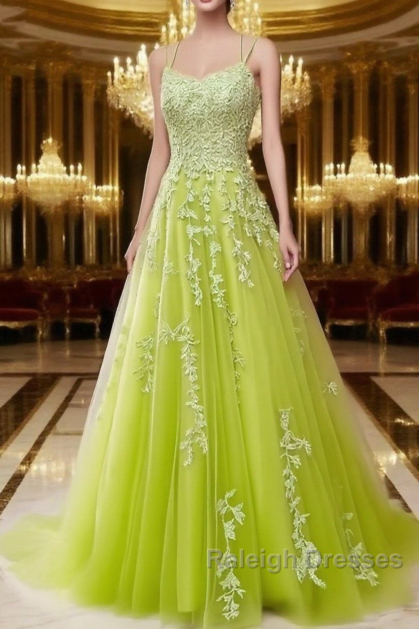 A-Line Spaghetti Straps Lace Chartreuse Prom Dress Long With Appliques Pretty Dress