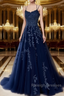 A-Line Spaghetti Straps Lace Dark Blue Prom Dress Long With Appliques Pretty Dress