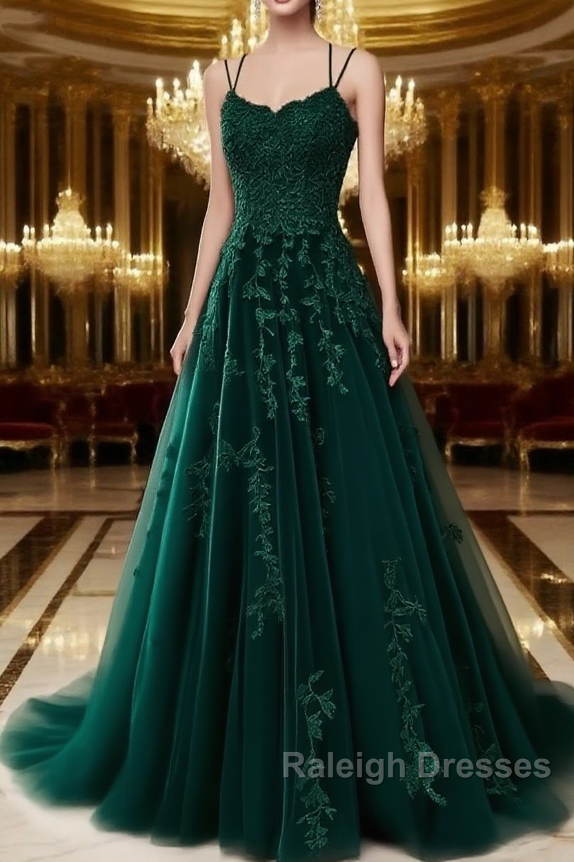 A Line Spaghetti Straps Lace Dark Green Prom Dresses Long With Appliques Pretty Dresses Main image