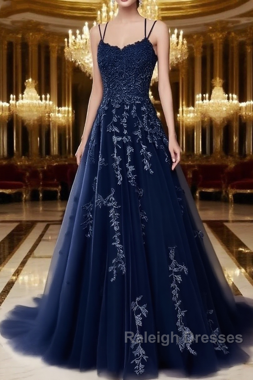A Line Spaghetti Straps Lace Dark Navy Prom Dresses Long With Appliques Pretty Dresses