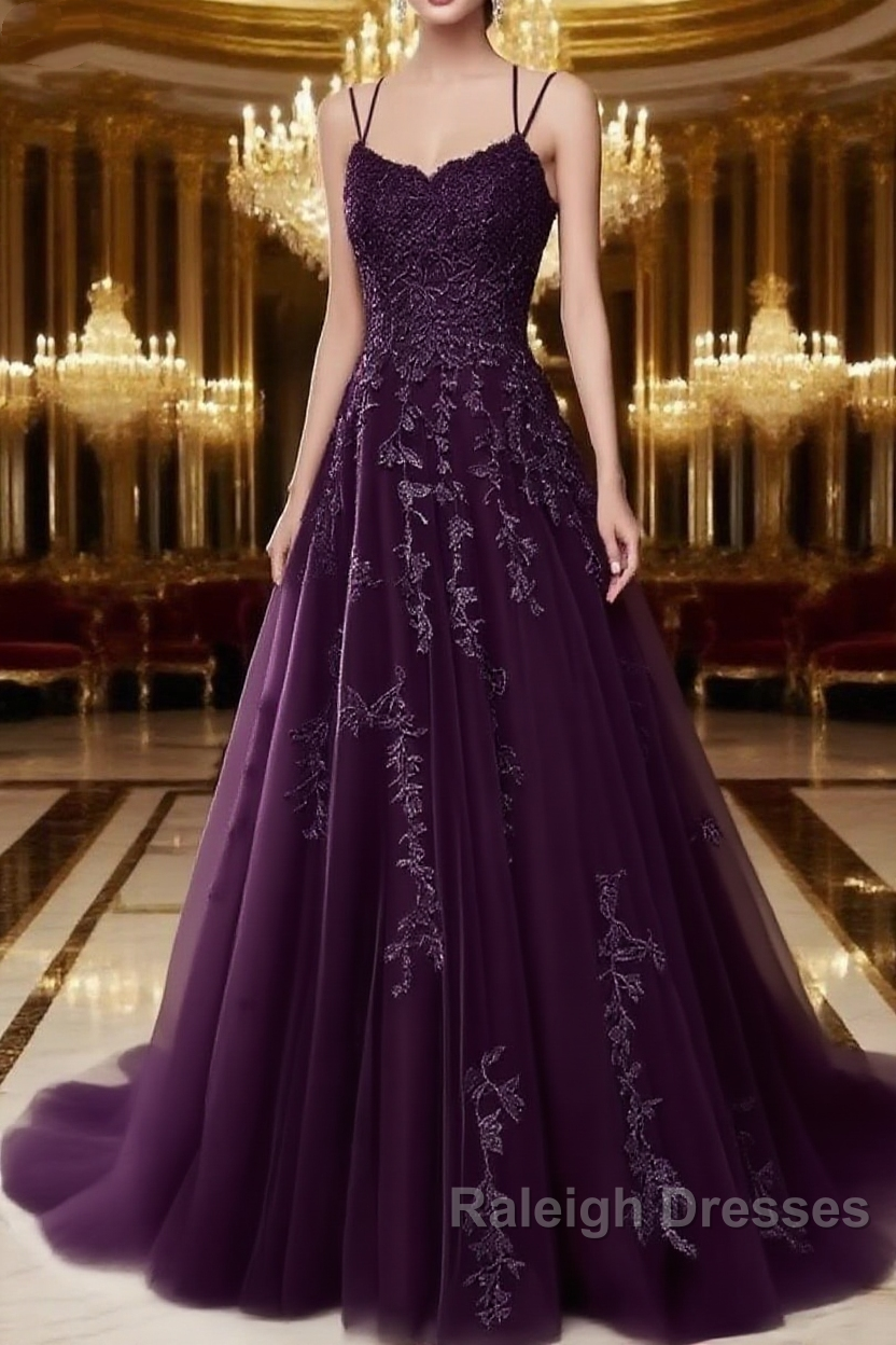A Line Spaghetti Straps Lace Dark Purple Prom Dresses Long With Appliques Pretty Dresses Main image